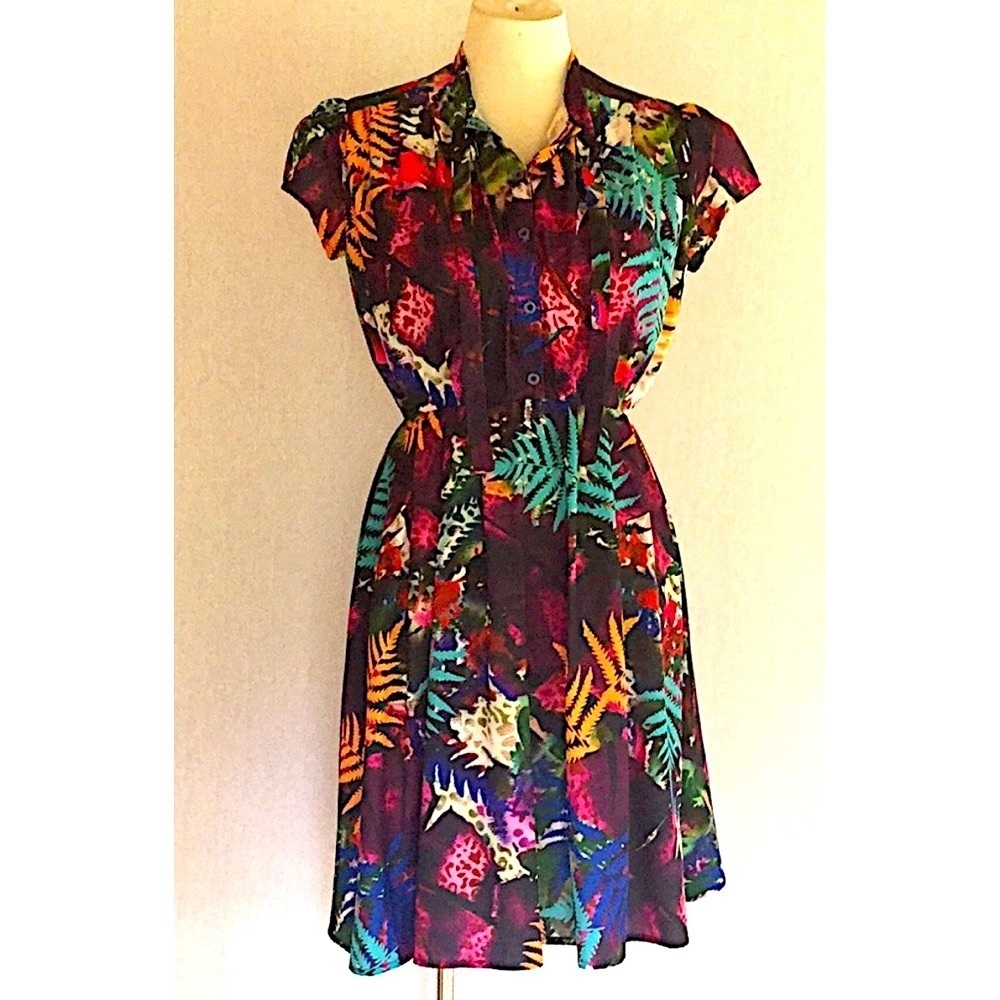 Amelia New York tropical fern floral fauna print neck-tie short dress